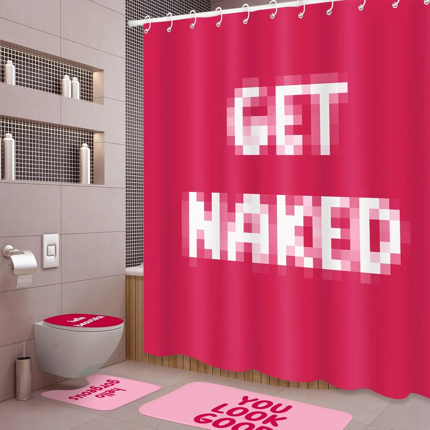 ست 4 تکه حمام طرح دار شامل پرده حمام، پادری، فرش U شکل و روکش درب توالت، قلاب - عمدتاً صورتی و گل رز - پلی استر - طرح قدیمی