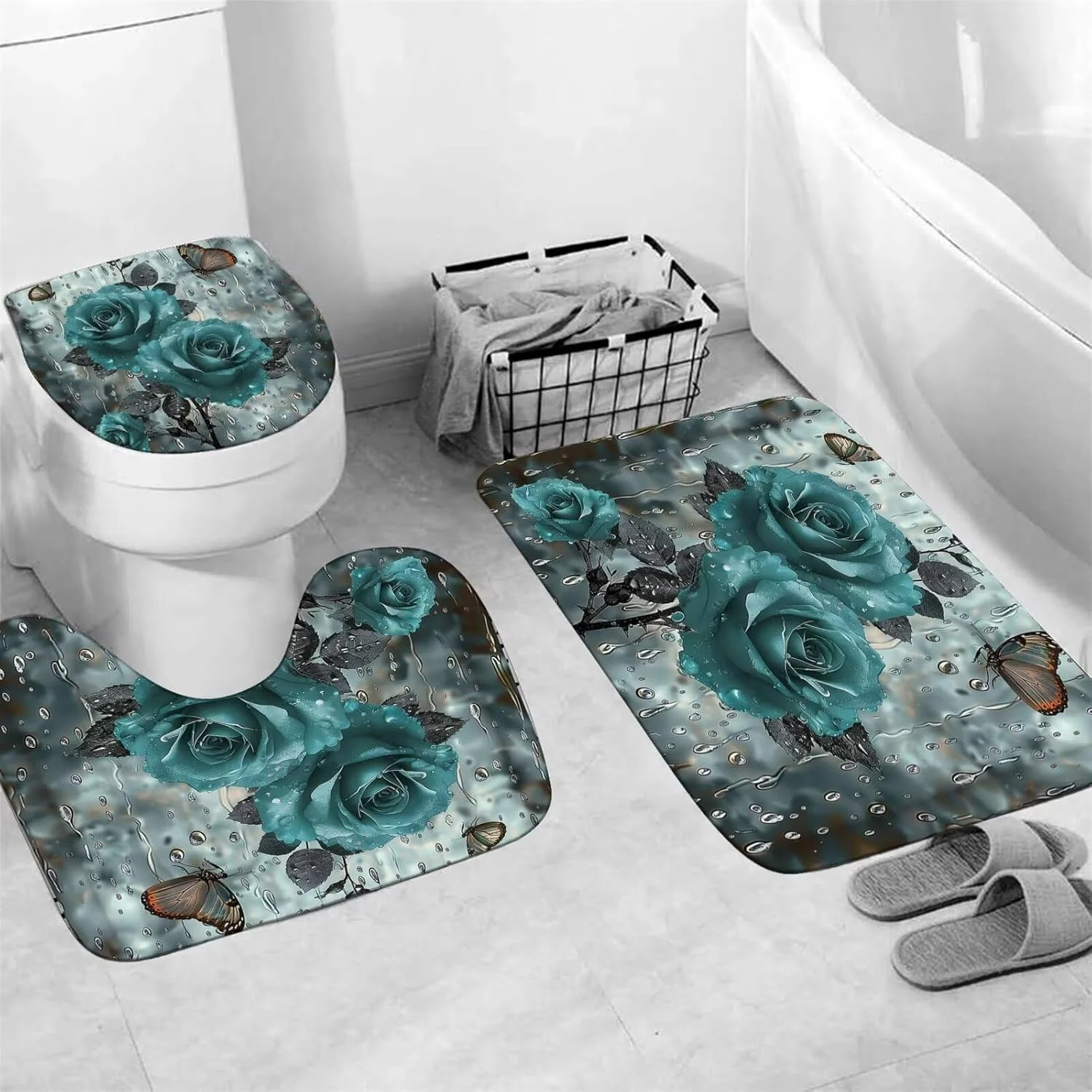 ست پرده حمام 4 تکه Yizheer، ست لوازم حمام با پادری (پادری حمام، پادری U شکل و روکش درب توالت فرنگی) و 12 عدد قلاب، طرح پروانه بارانی گل رز آبی