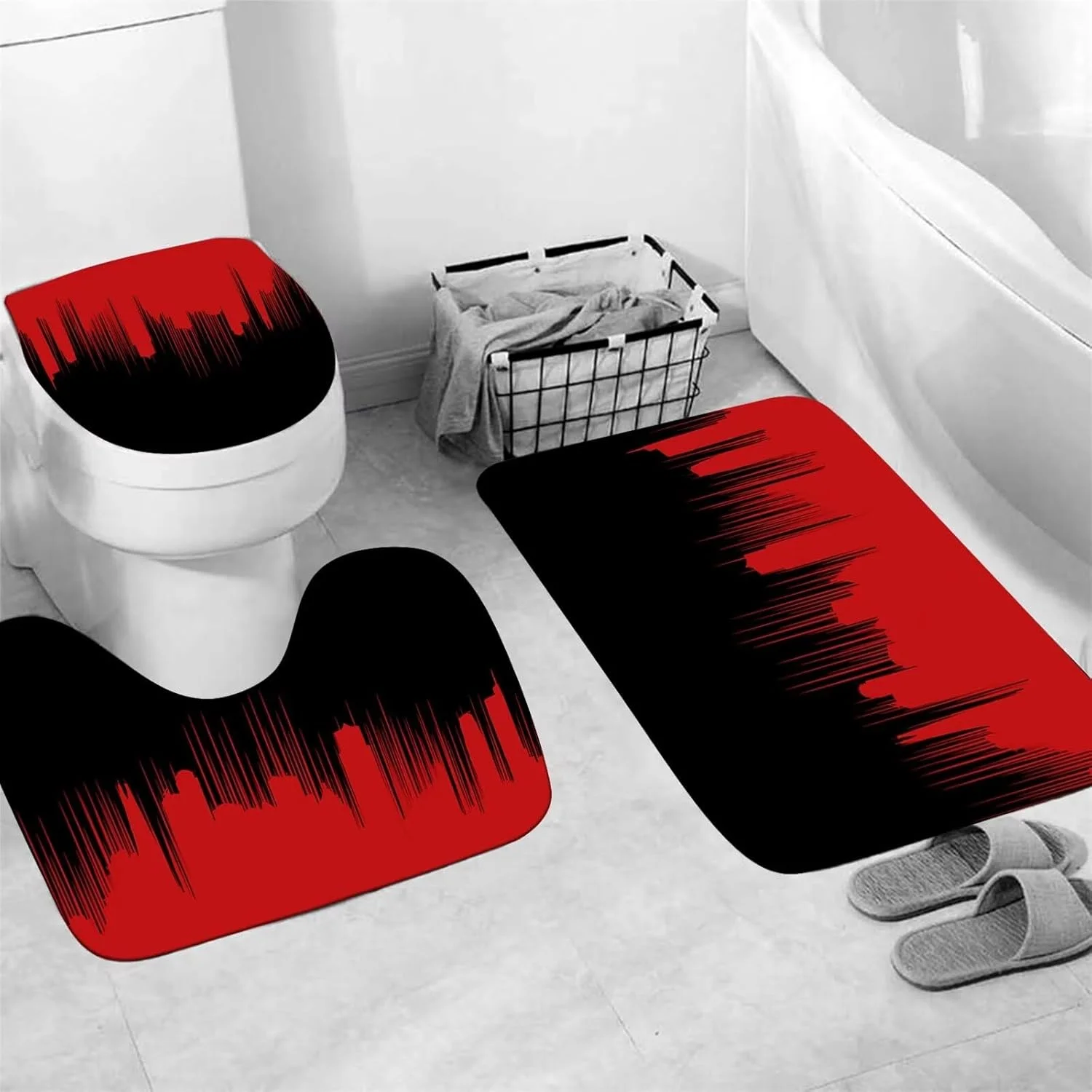 ست پرده حمام ۴ تکه قرمز و مشکی شامل فرش های ضد لغزش، پادری حمام، روکش توالت فرنگی، پادری U شکل، پرده حمام گرادیانی با ۱۲ عدد قلاب، ست حمام مشکی و قرمز