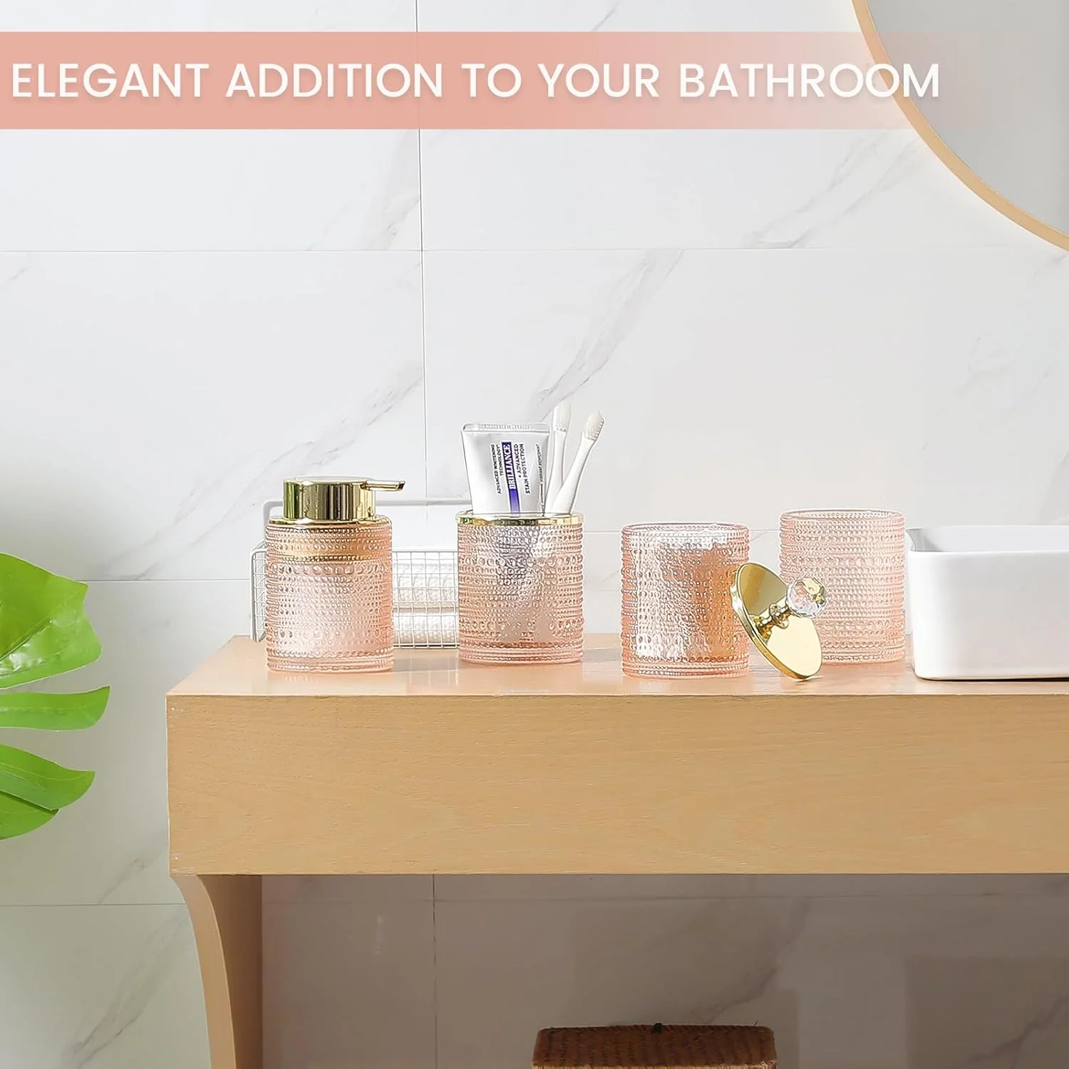 ست لوازم جانبی حمام شیشه ای صورتی YCWF با پخش کننده صابون فوم ساز، ست 4 تکه نگهدارنده مسواک سینک روشویی حمام شامل پخش کننده صابون فوم ساز، لیوان، نگهدارنده مسواک و جا پنبه ای