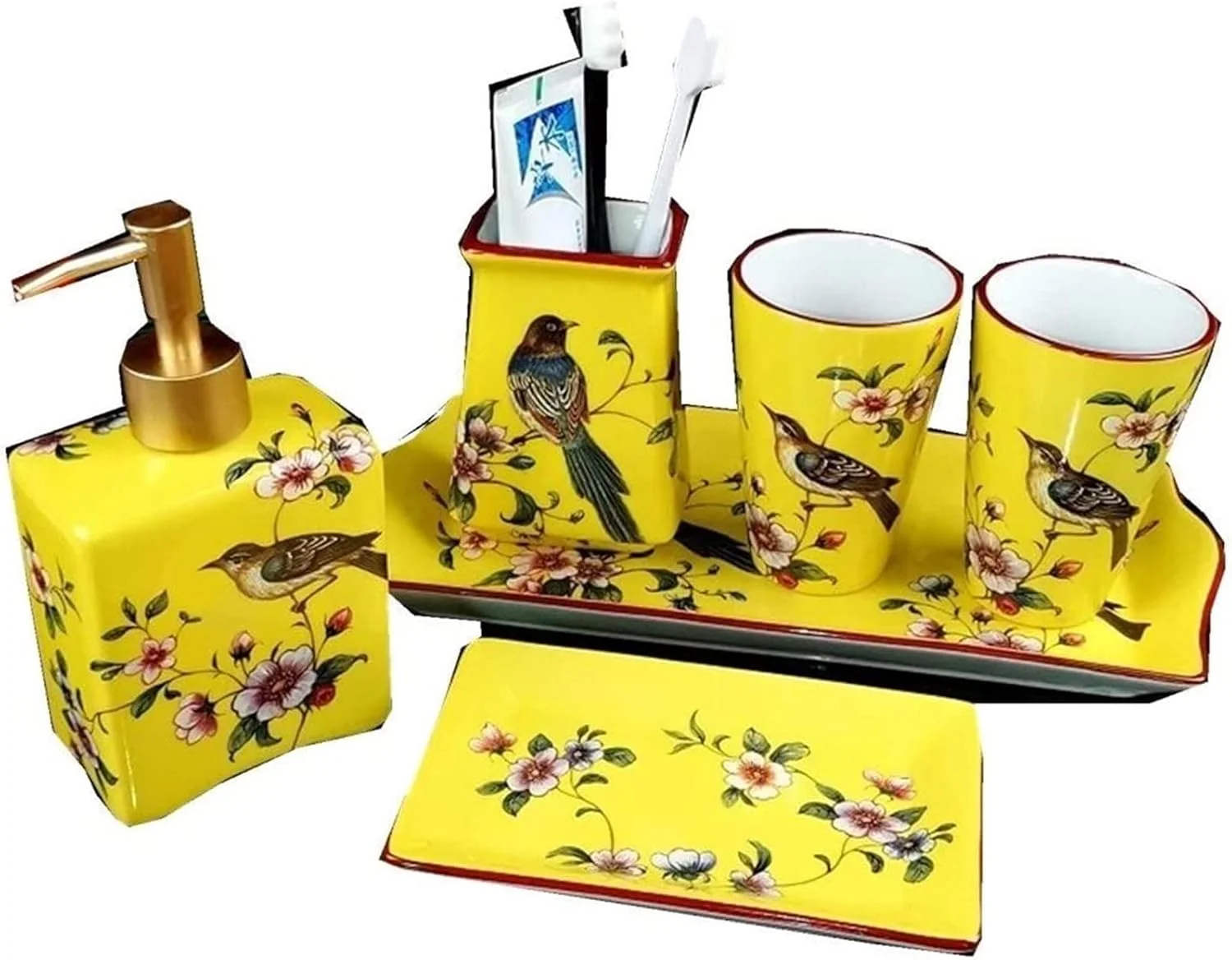 ست لوازم جانبی حمام منزل، ست 5 تکه لوازم حمام، جای صابون سرامیکی، جای مسواک، جا مایع صابون، مناسب برای حمام هتل