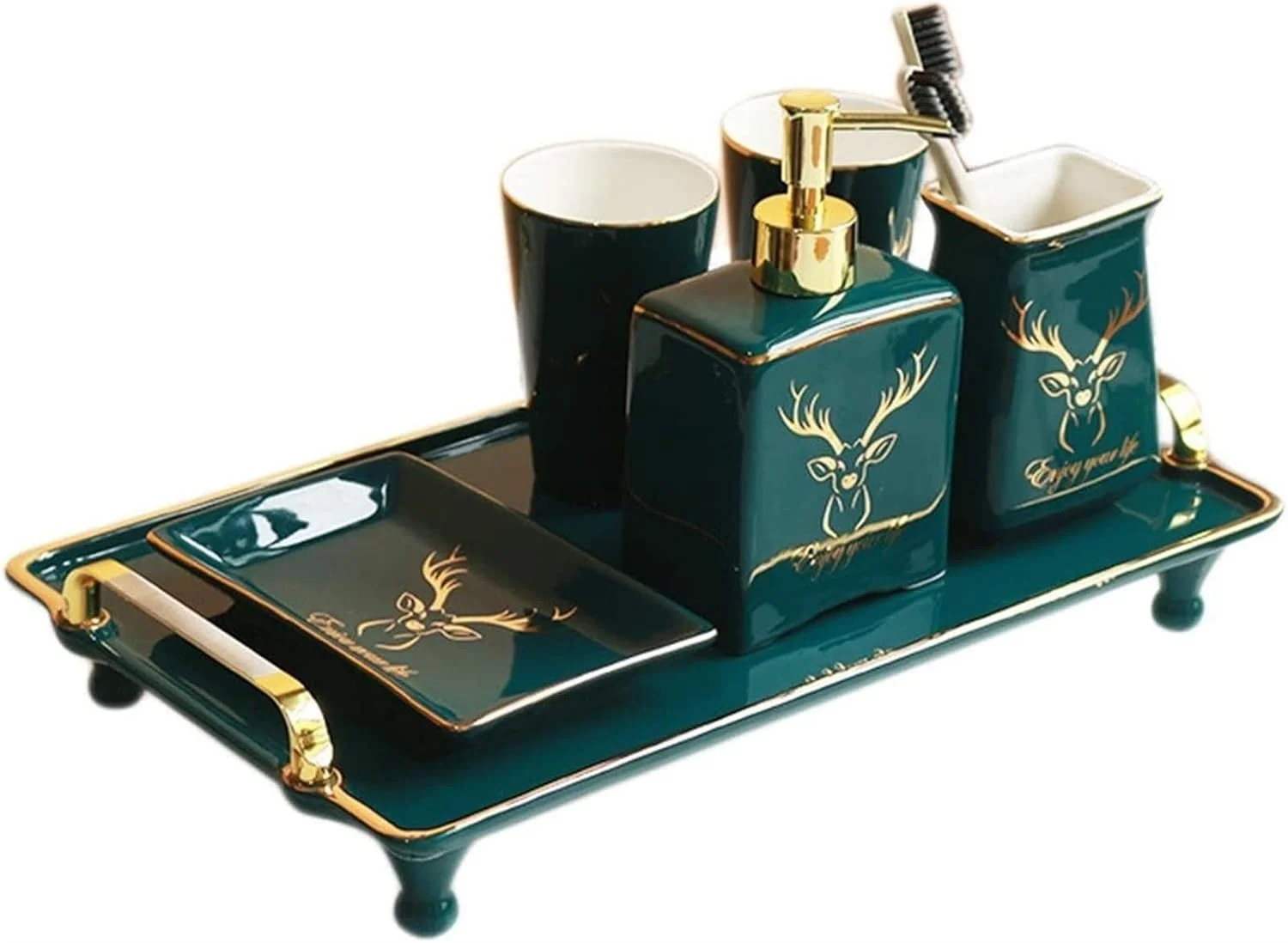 ست لوازم جانبی حمام خانگی، ست لوازم جانبی حمام سرامیکی پنج تکه، شامل جای مایع دستشویی، لیوان شستشو، جا مسواکی، مناسب برای حمام هتل