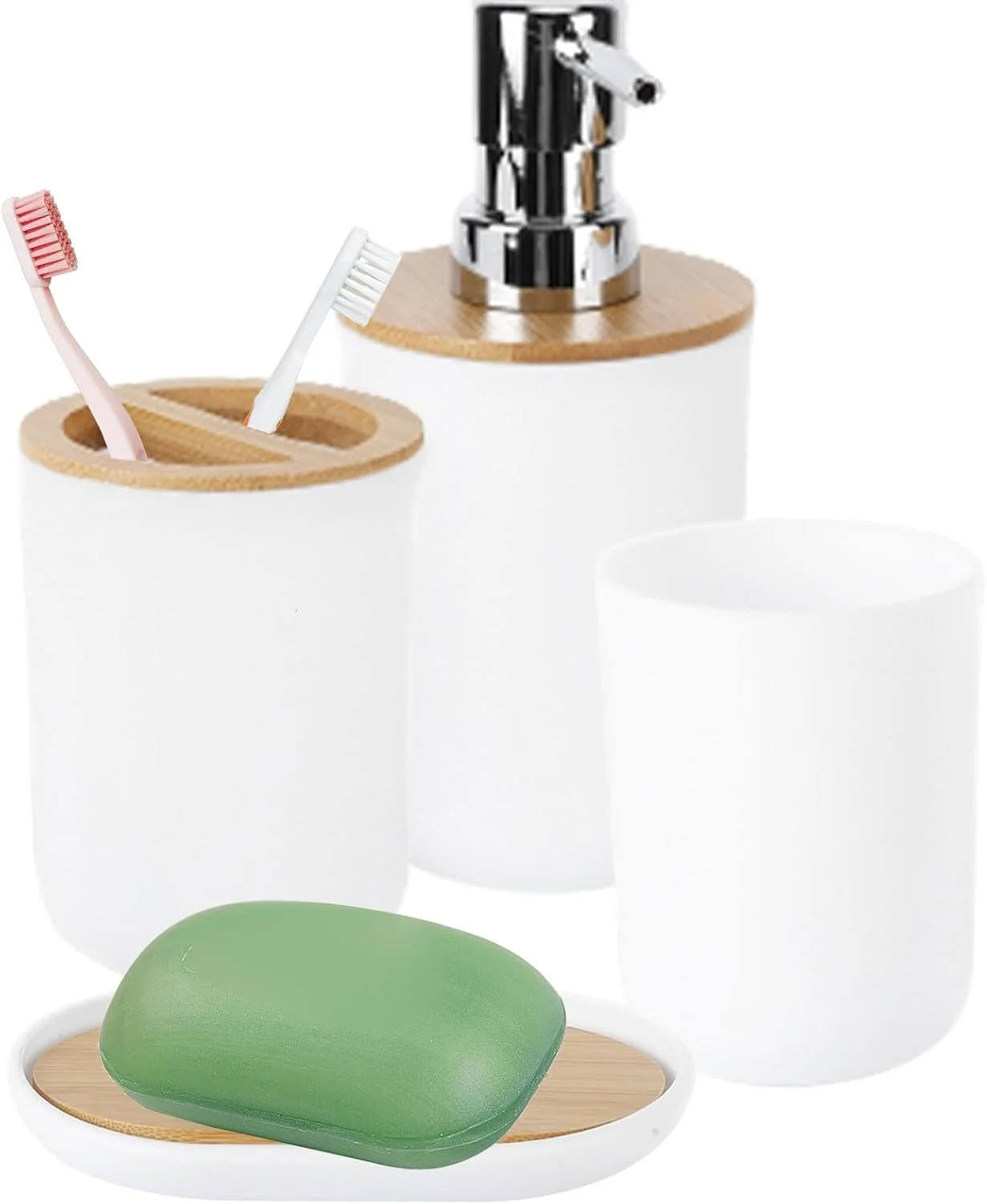ست لوازم جانبی حمام یوومینا 4 تکه پلاستیکی و بامبو شامل جا صابونی، جا مسواکی، جا مایع صابون، لیوان شستشو، ست لوازم جانبی رومیزی