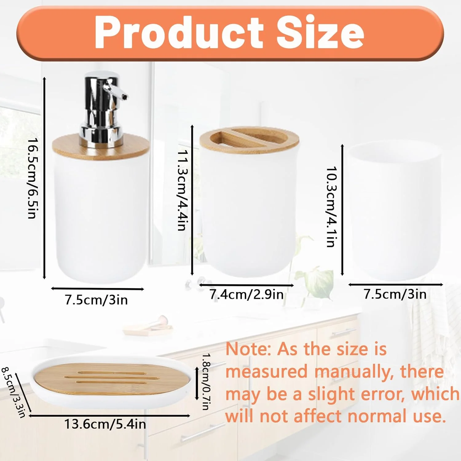 ست لوازم جانبی حمام یوومینا 4 تکه پلاستیکی و بامبو شامل جا صابونی، جا مسواکی، جا مایع صابون، لیوان شستشو، ست لوازم جانبی رومیزی