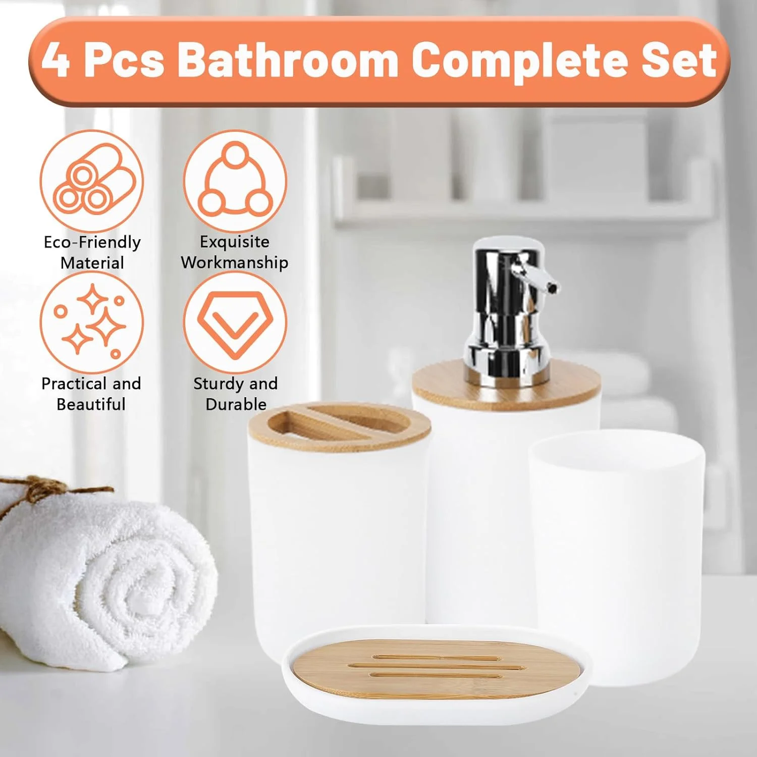 ست لوازم جانبی حمام یوومینا 4 تکه پلاستیکی و بامبو شامل جا صابونی، جا مسواکی، جا مایع صابون، لیوان شستشو، ست لوازم جانبی رومیزی