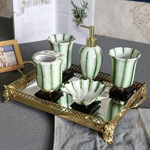 ست لوازم جانبی حمام منزل، شامل جا مایع دستشویی سرامیکی، جا مسواکی، لیوان شستشو و جا صابونی، مناسب برای حمام هتل