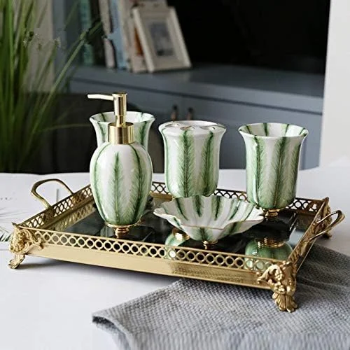 ست لوازم جانبی حمام منزل، شامل جا مایع دستشویی سرامیکی، جا مسواکی، لیوان شستشو و جا صابونی، مناسب برای حمام هتل