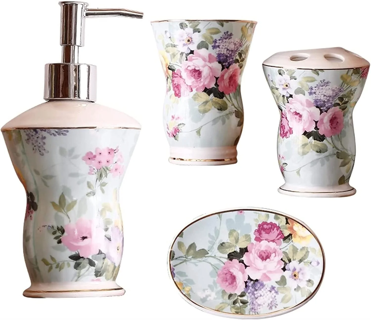 ست لوازم جانبی حمام منزل، ست لوازم جانبی سرامیکی حمام 5 تکه، شامل جای مایع دستشویی، جا مسواکی، لیوان و جا صابونی، مناسب برای حمام هتل