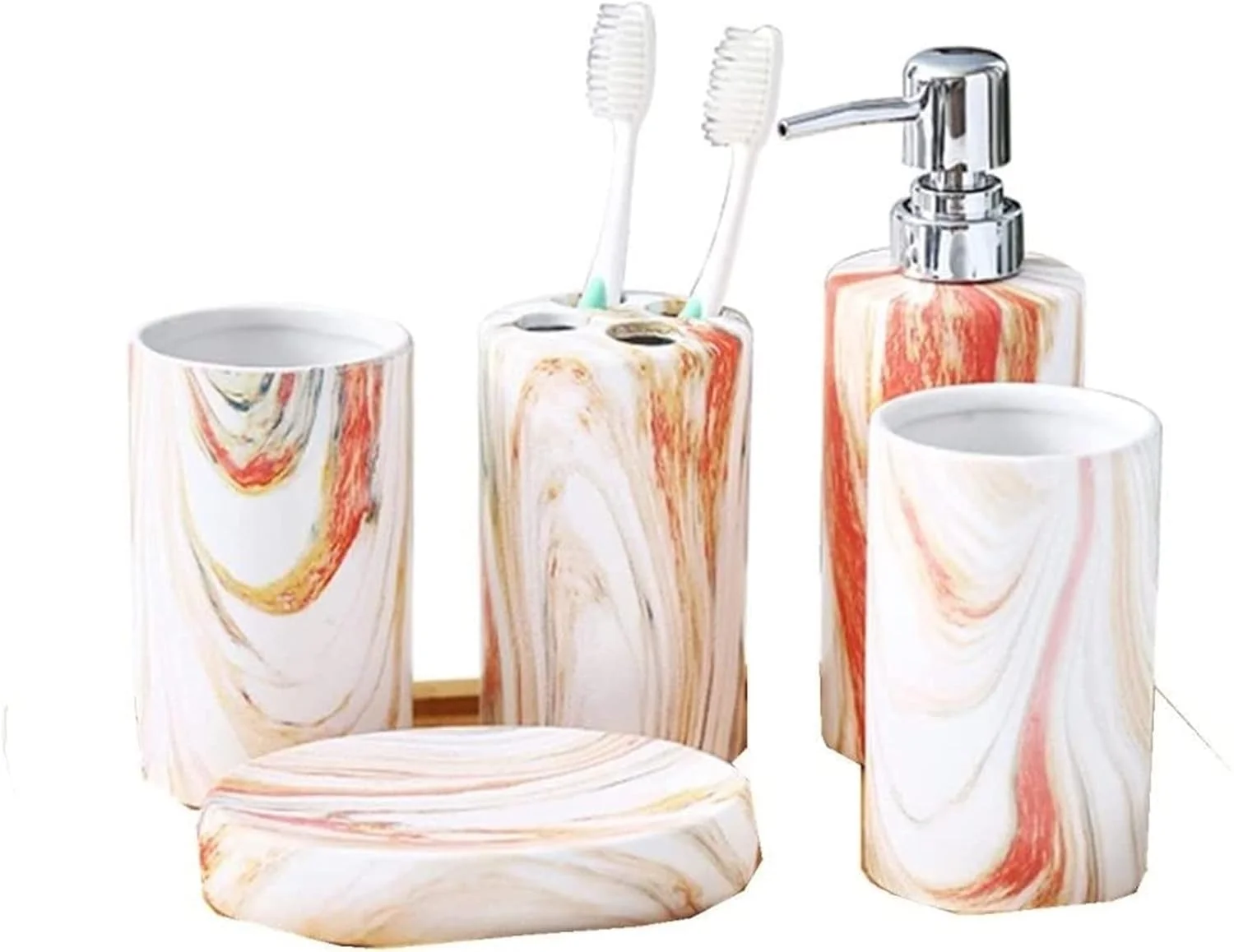 ست لوازم جانبی حمام سرامیکی طرح سنگ مرمر پنج تکه شامل جای خمیر دندان، بطری لوسیون، جای صابون، مناسب برای دکوراسیون حمام هتل