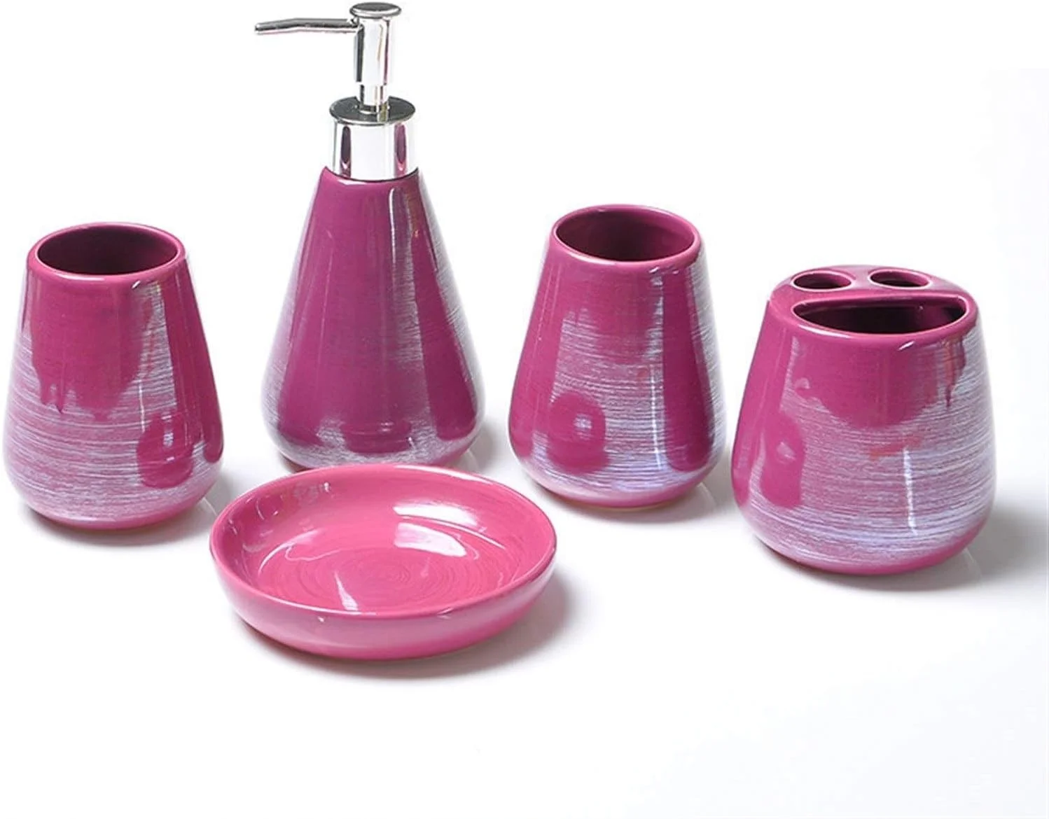 ست لوازم جانبی سرامیکی پنج تکه برای حمام منزل، شامل جا مسواکی، جا مایع صابون و سینی پلاستیکی، مناسب برای حمام هتل (رنگ: بنفش)