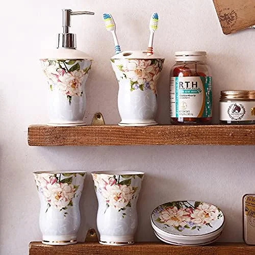 ست لوازم جانبی حمام خانگی YQBUER، ست لوازم حمام سرامیکی 5 تکه شامل جای مایع دستشویی، جا مسواکی، لیوان و جا صابونی مناسب برای حمام هتل