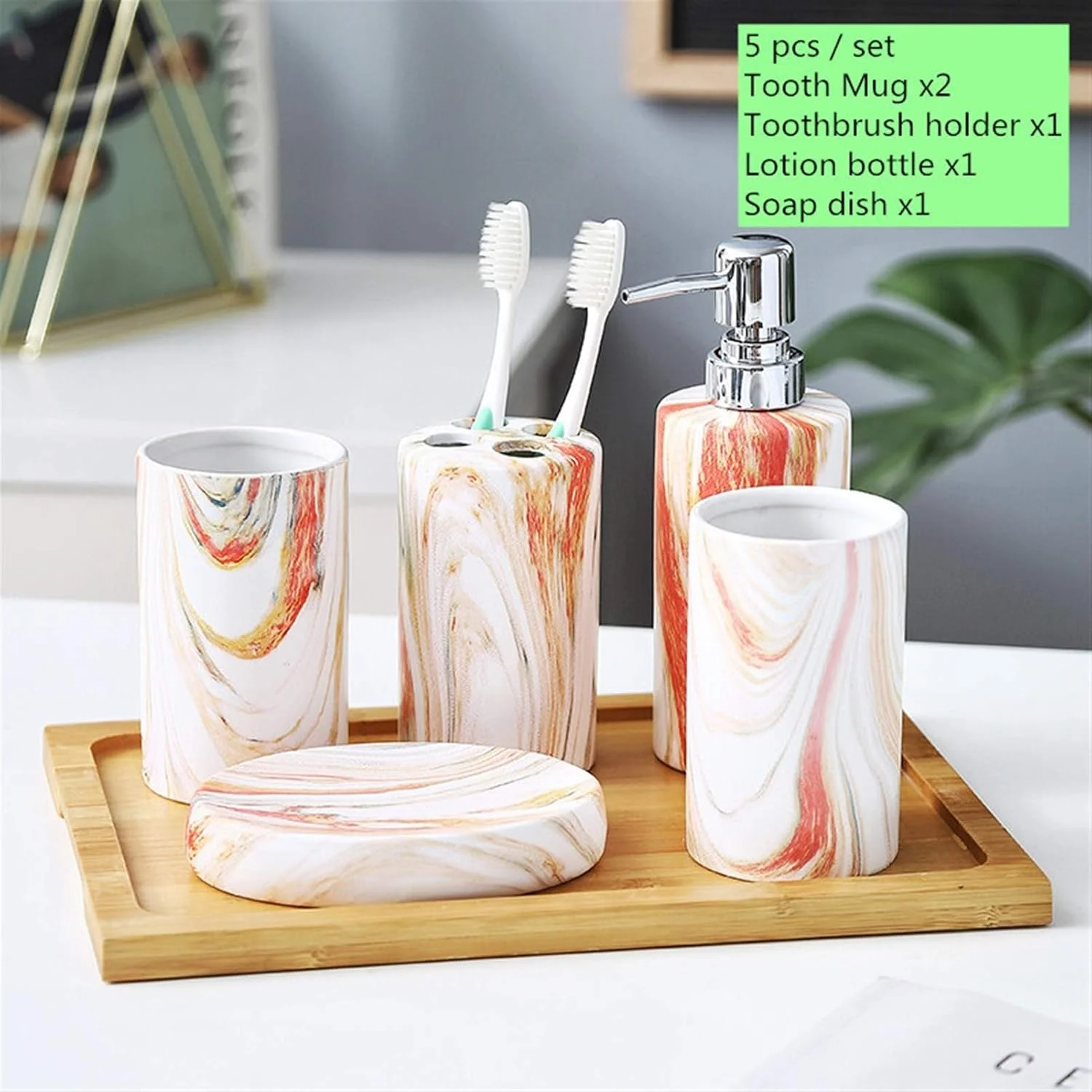 ست لوازم جانبی حمام سرامیکی طرح سنگ مرمر پنج تکه شامل جای خمیر دندان، بطری لوسیون، جای صابون، مناسب برای دکوراسیون حمام هتل
