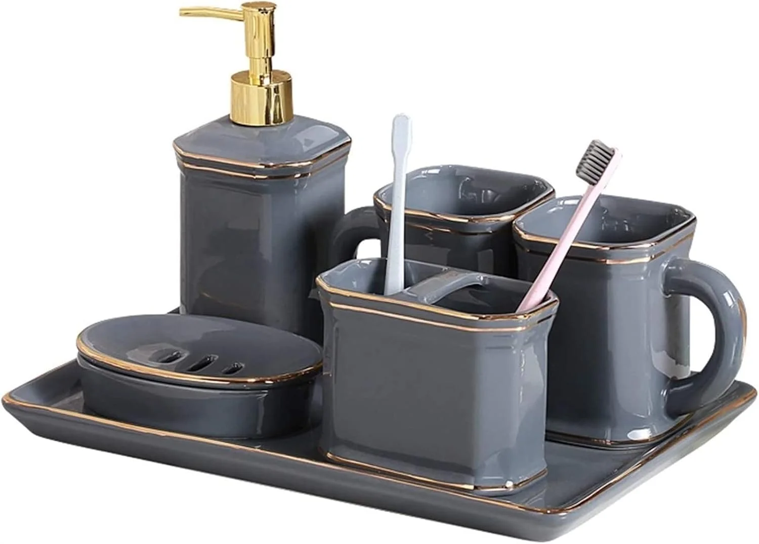 ست لوازم جانبی حمام خانگی YQBUER، ست لوازم بهداشتی سرامیکی حمام، فنجان چینی تزئینی، بطری لوسیون، جا مسواکی، سینی تزئینی مناسب برای حمام هتل ست لوازم جانبی حمام خانگی YQBUER، ست لوازم بهداشتی سرامیکی حمام، فنجان چینی تزئینی، بطری لوسیون، جا مسواکی، سینی تزئینی مناسب برای حمام هتل