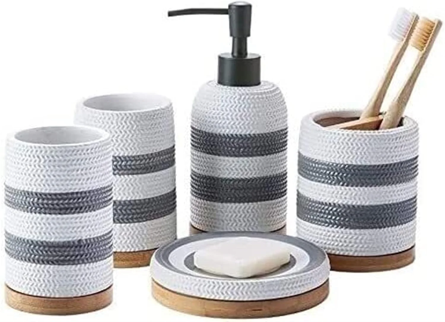 ست لوازم جانبی حمام خانگی، طرح راه راه خاکستری سفید سرامیکی، ایده آل برای هدیه، دکور حمام، مناسب برای حمام هتل ست لوازم جانبی حمام خانگی، طرح راه راه خاکستری سفید سرامیکی، ایده آل برای هدیه، دکور حمام، مناسب برای حمام هتل