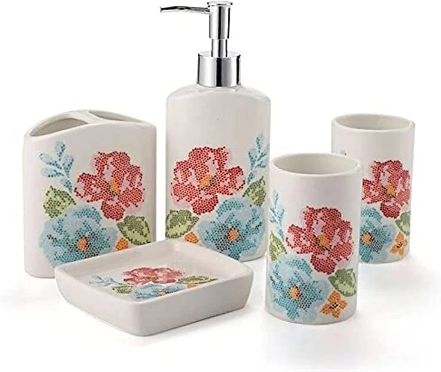 ست لوازم جانبی حمام منزل YQBUER، شامل جا مسواکی، پخش کننده لوسیون صابون، جا صابونی، لیوان سرامیکی، مناسب برای حمام هتل