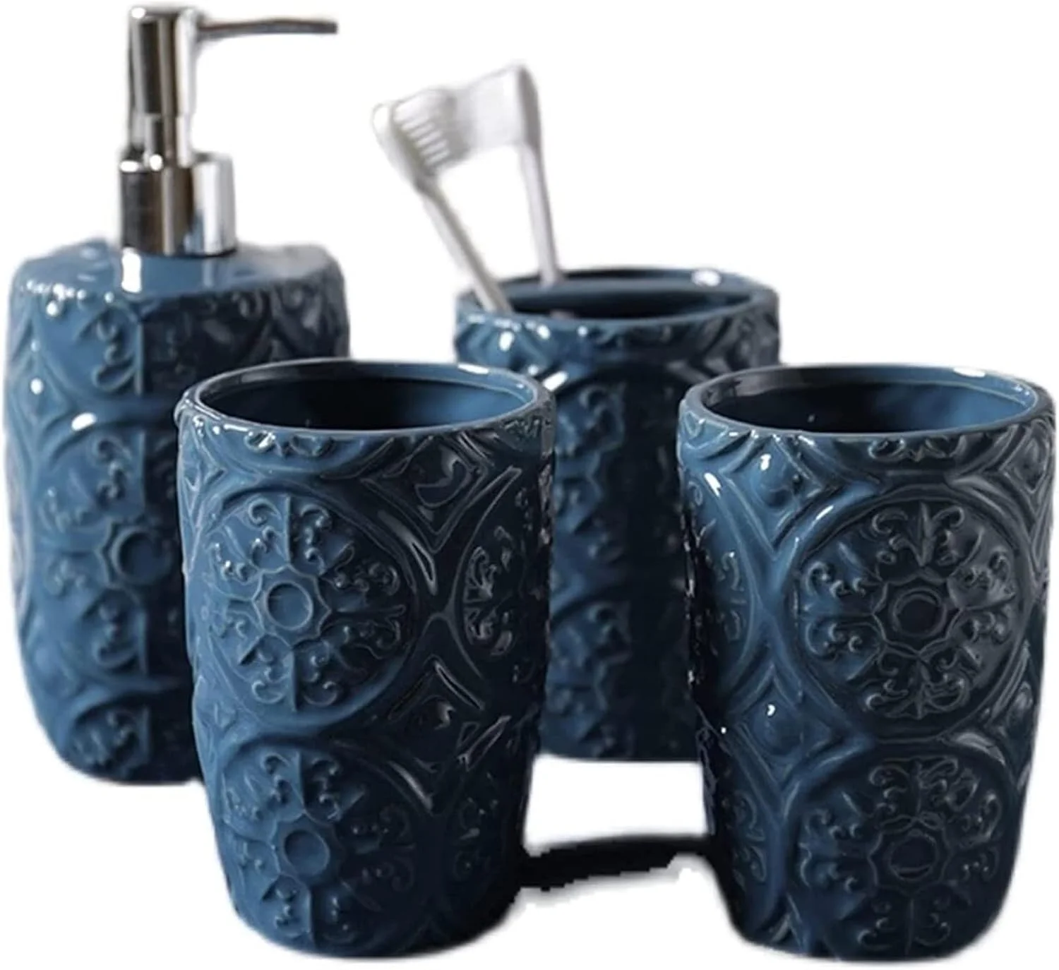 ست لوازم جانبی حمام خانگی YQBUER، ست لوازم جانبی حمام سرامیکی طرح برجسته آبی نوردیک، ست پنج تکه مناسب برای حمام هتل ست لوازم جانبی حمام خانگی YQBUER، ست لوازم جانبی حمام سرامیکی طرح برجسته آبی نوردیک، ست پنج تکه مناسب برای حمام هتل