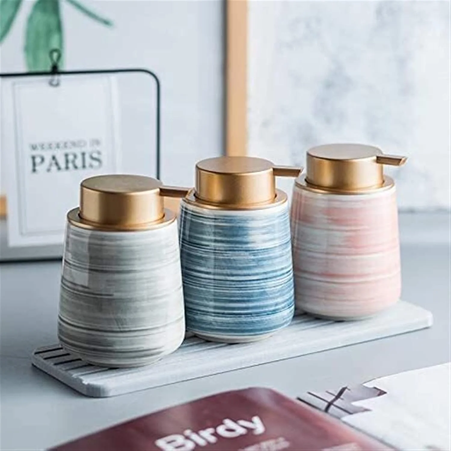 ست لوازم جانبی حمام خانگی YQBUER، ظروف سرامیکی مایع صابون، بطری های امولسیون، ست لوازم حمام، هدیه عروسی مناسب برای حمام هتل ست لوازم جانبی حمام خانگی YQBUER، ظروف سرامیکی مایع صابون، بطری های امولسیون، ست لوازم حمام، هدیه عروسی مناسب برای حمام هتل