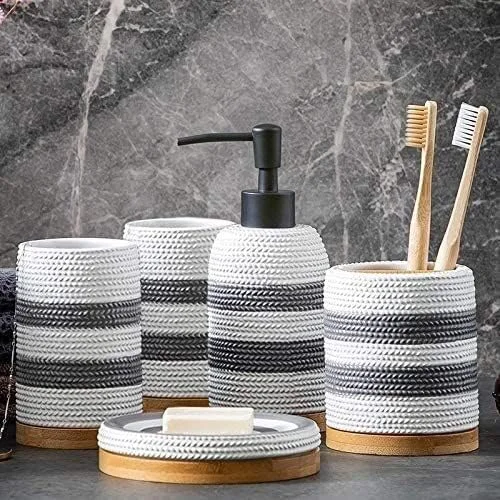 ست لوازم جانبی حمام خانگی، طرح راه راه خاکستری سفید سرامیکی، ایده آل برای هدیه، دکور حمام، مناسب برای حمام هتل