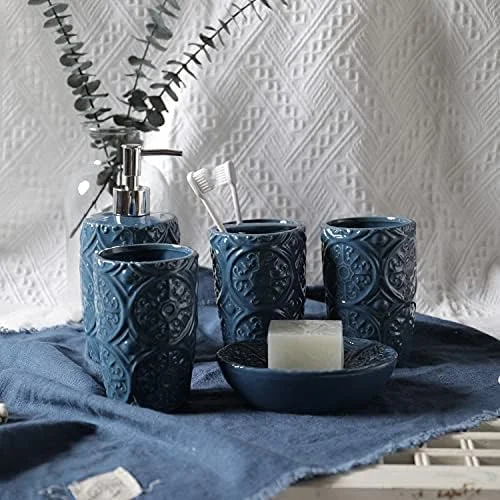 ست لوازم جانبی حمام خانگی YQBUER، ست لوازم جانبی حمام سرامیکی طرح برجسته آبی نوردیک، ست پنج تکه مناسب برای حمام هتل