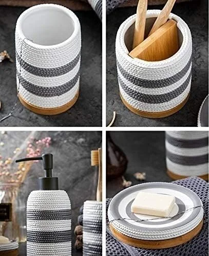 ست لوازم جانبی حمام خانگی، طرح راه راه خاکستری سفید سرامیکی، ایده آل برای هدیه، دکور حمام، مناسب برای حمام هتل