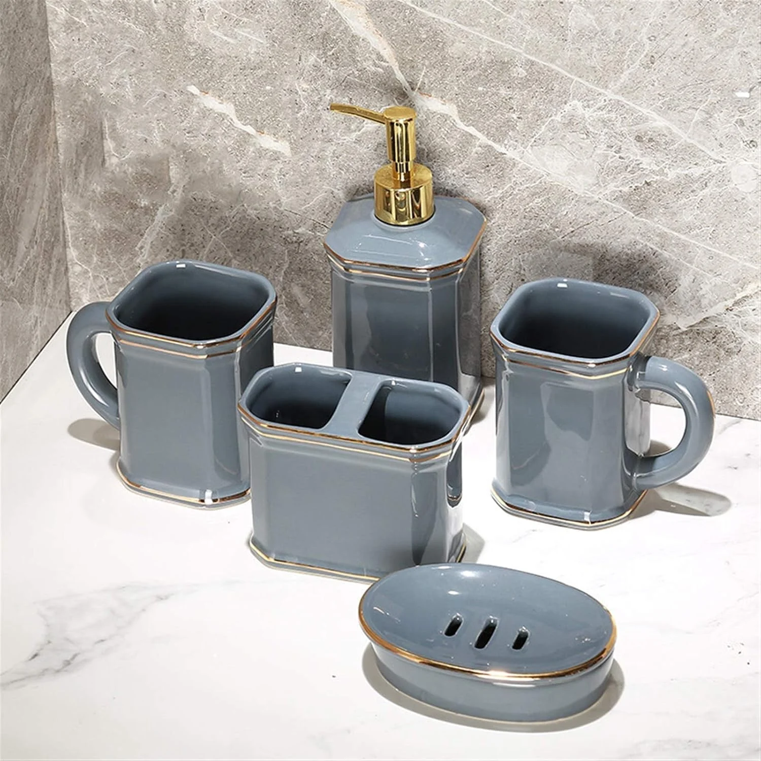 ست لوازم جانبی حمام خانگی YQBUER، ست لوازم بهداشتی سرامیکی حمام، فنجان چینی تزئینی، بطری لوسیون، جا مسواکی، سینی تزئینی مناسب برای حمام هتل ست لوازم جانبی حمام خانگی YQBUER، ست لوازم بهداشتی سرامیکی حمام، فنجان چینی تزئینی، بطری لوسیون، جا مسواکی، سینی تزئینی مناسب برای حمام هتل