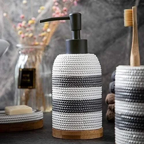 ست لوازم جانبی حمام خانگی، طرح راه راه خاکستری سفید سرامیکی، ایده آل برای هدیه، دکور حمام، مناسب برای حمام هتل