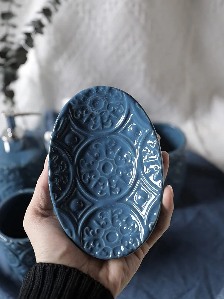 ست لوازم جانبی حمام خانگی YQBUER، ست لوازم جانبی حمام سرامیکی طرح برجسته آبی نوردیک، ست پنج تکه مناسب برای حمام هتل