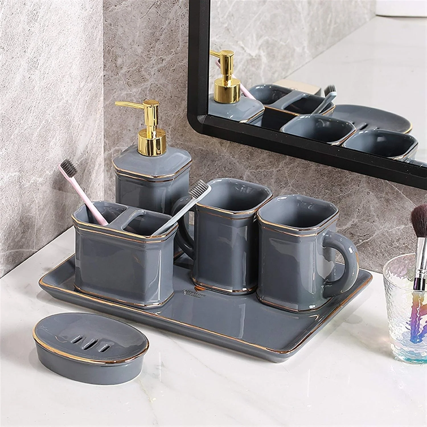 ست لوازم جانبی حمام خانگی YQBUER، ست لوازم بهداشتی سرامیکی حمام، فنجان چینی تزئینی، بطری لوسیون، جا مسواکی، سینی تزئینی مناسب برای حمام هتل ست لوازم جانبی حمام خانگی YQBUER، ست لوازم بهداشتی سرامیکی حمام، فنجان چینی تزئینی، بطری لوسیون، جا مسواکی، سینی تزئینی مناسب برای حمام هتل