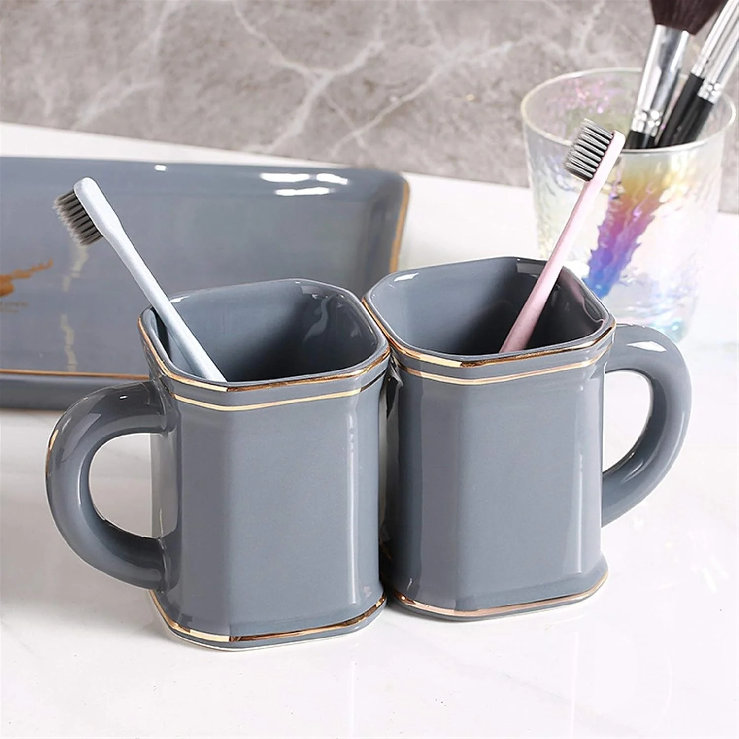 ست لوازم جانبی حمام خانگی YQBUER، ست لوازم بهداشتی سرامیکی حمام، فنجان چینی تزئینی، بطری لوسیون، جا مسواکی، سینی تزئینی مناسب برای حمام هتل ست لوازم جانبی حمام خانگی YQBUER، ست لوازم بهداشتی سرامیکی حمام، فنجان چینی تزئینی، بطری لوسیون، جا مسواکی، سینی تزئینی مناسب برای حمام هتل