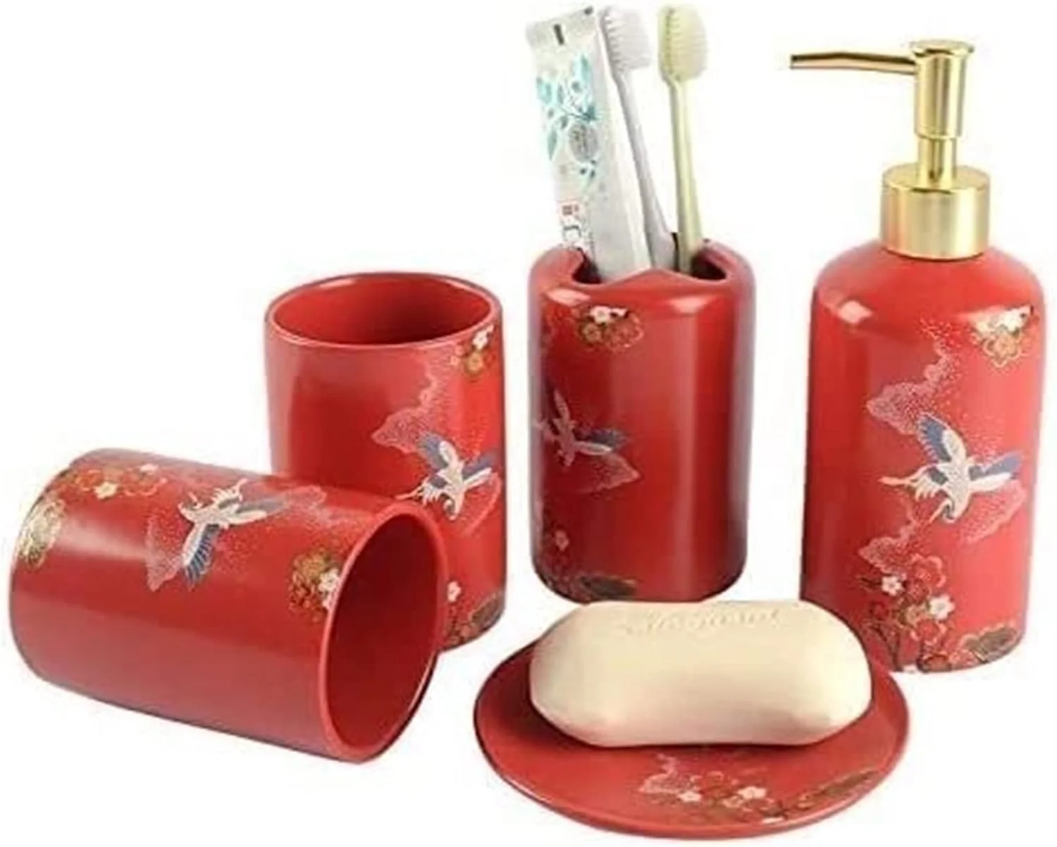ست لوازم جانبی حمام خانگی YQBUER، سرامیک با عناصر شرقی قرمز، ایده آل برای دکور هدیه، مناسب برای حمام هتل ست لوازم جانبی حمام خانگی YQBUER، سرامیک با عناصر شرقی قرمز، ایده آل برای دکور هدیه، مناسب برای حمام هتل