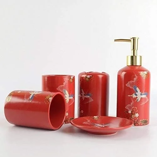 ست لوازم جانبی حمام خانگی YQBUER، سرامیک با عناصر شرقی قرمز، ایده آل برای دکور هدیه، مناسب برای حمام هتل ست لوازم جانبی حمام خانگی YQBUER، سرامیک با عناصر شرقی قرمز، ایده آل برای دکور هدیه، مناسب برای حمام هتل