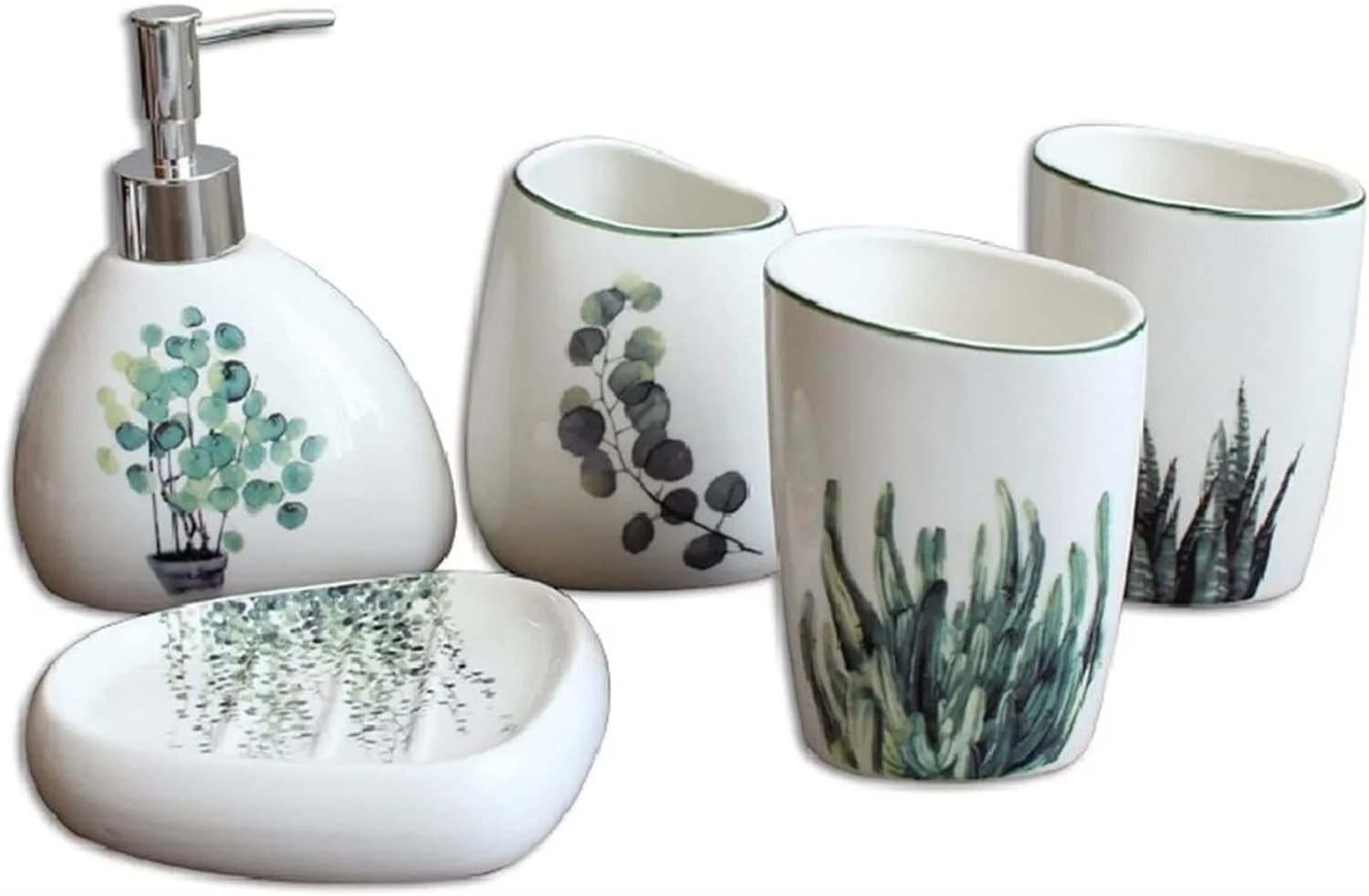 ست لوازم جانبی حمام، طرح برگ و گیاهان سبز، شامل جا مایع دستشویی سرامیکی، لیوان دهان شویه، جا مسواکی، جا صابونی، ست پنج تکه مناسب برای حمام هتل ست لوازم جانبی حمام، طرح برگ و گیاهان سبز، شامل جا مایع دستشویی سرامیکی، لیوان دهان شویه، جا مسواکی، جا صابونی، ست پنج تکه مناسب برای حمام هتل