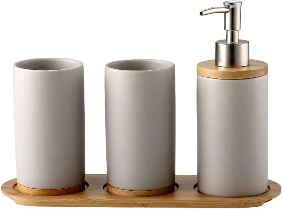 ست ۴ تکه سرامیکی لوازم بهداشتی شامل پمپ مایع دستشویی، جا مسواکی، لیوان و سینی چوبی، مناسب برای سرویس بهداشتی و آشپزخانه - خاکستری ست ۴ تکه سرامیکی لوازم بهداشتی شامل پمپ مایع دستشویی، جا مسواکی، لیوان و سینی چوبی، مناسب برای سرویس بهداشتی و آشپزخانه - خاکستری