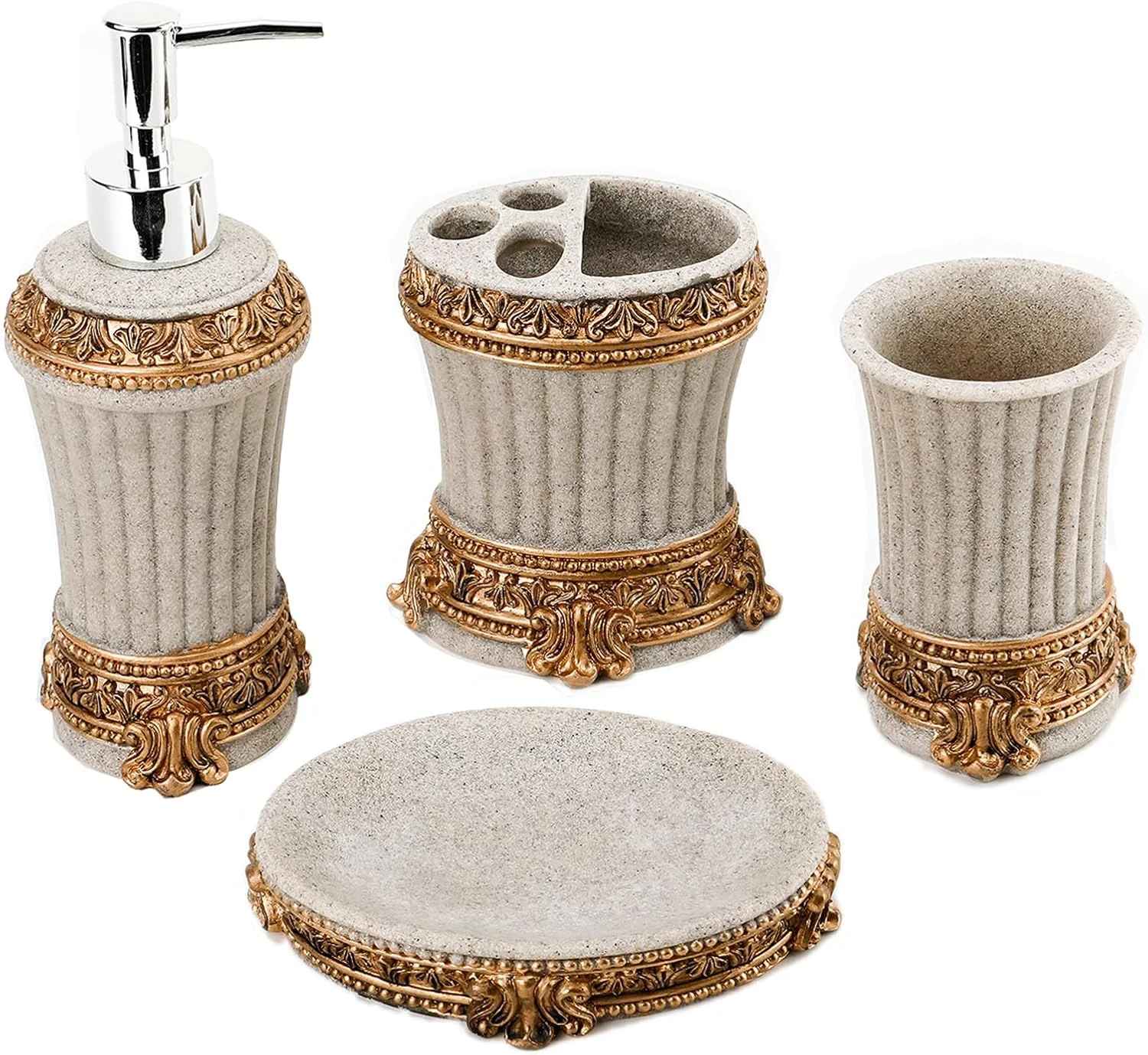 ست لوازم جانبی رزینی حمام، جا مسواکی/جا صابونی/نگهدارنده مسواک/ظرف مایع دستشویی، ست کامل لوازم ضروری حمام، لوازم جانبی حمام طرح روستایی بوهمی (بژ+طلایی) ست لوازم جانبی رزینی حمام، جا مسواکی/جا صابونی/نگهدارنده مسواک/ظرف مایع دستشویی، ست کامل لوازم ضروری حمام، لوازم جانبی حمام طرح روستایی بوهمی (بژ+طلایی)