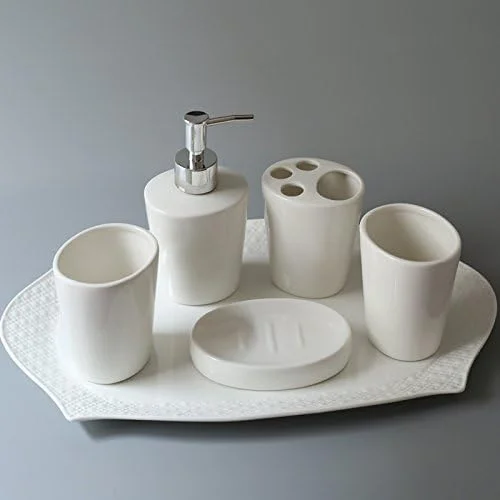 ست لوازم جانبی حمام سرامیکی YQBUER، شامل جای مایع دستشویی، جا مسواکی، سینی، مناسب برای حمام هتل و منزل ست لوازم جانبی حمام سرامیکی YQBUER، شامل جای مایع دستشویی، جا مسواکی، سینی، مناسب برای حمام هتل و منزل