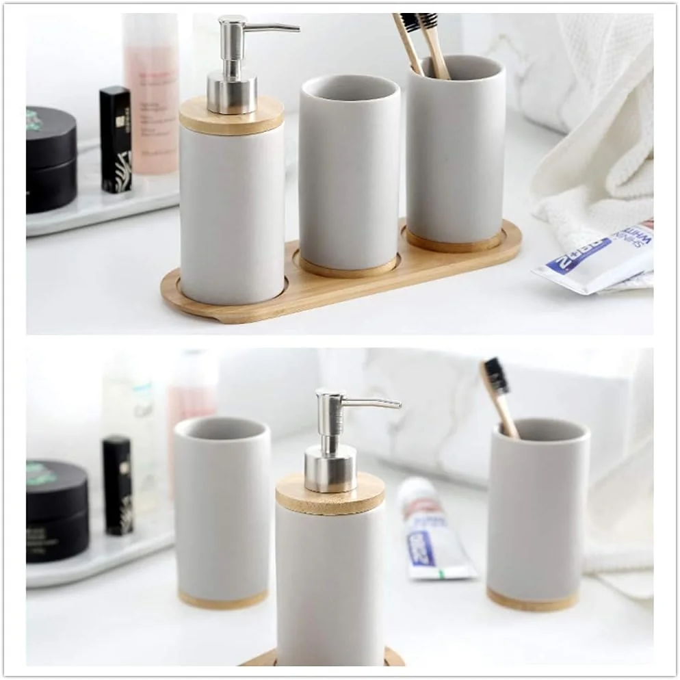 ست ۴ تکه سرامیکی لوازم بهداشتی شامل پمپ مایع دستشویی، جا مسواکی، لیوان و سینی چوبی، مناسب برای سرویس بهداشتی و آشپزخانه - خاکستری