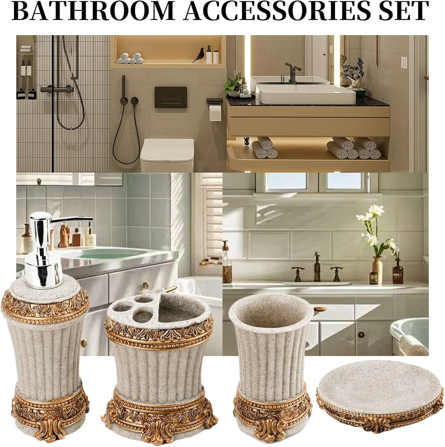 ست لوازم جانبی رزینی حمام، جا مسواکی/جا صابونی/نگهدارنده مسواک/ظرف مایع دستشویی، ست کامل لوازم ضروری حمام، لوازم جانبی حمام طرح روستایی بوهمی (بژ+طلایی) ست لوازم جانبی رزینی حمام، جا مسواکی/جا صابونی/نگهدارنده مسواک/ظرف مایع دستشویی، ست کامل لوازم ضروری حمام، لوازم جانبی حمام طرح روستایی بوهمی (بژ+طلایی)