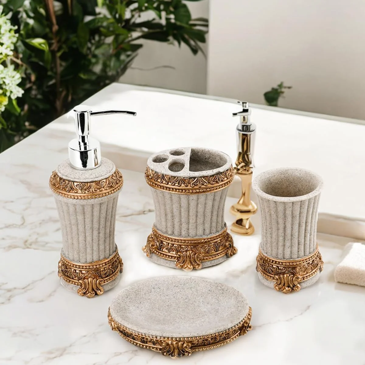 ست لوازم جانبی رزینی حمام، جا مسواکی/جا صابونی/نگهدارنده مسواک/ظرف مایع دستشویی، ست کامل لوازم ضروری حمام، لوازم جانبی حمام طرح روستایی بوهمی (بژ+طلایی) ست لوازم جانبی رزینی حمام، جا مسواکی/جا صابونی/نگهدارنده مسواک/ظرف مایع دستشویی، ست کامل لوازم ضروری حمام، لوازم جانبی حمام طرح روستایی بوهمی (بژ+طلایی)