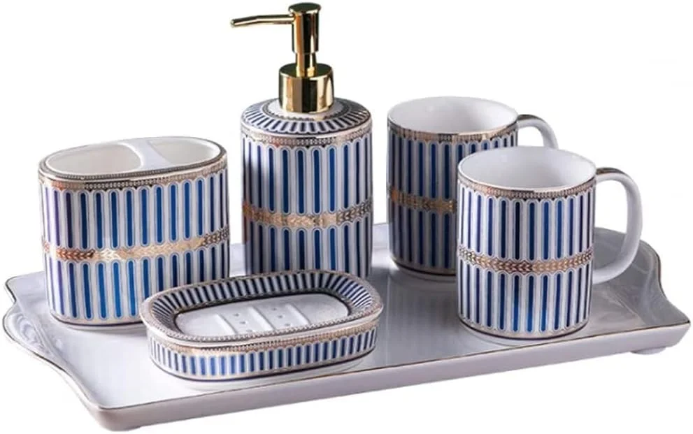 ست لوازم بهداشتی به سبک اروپایی، ست لوازم جانبی حمام، ست لوازم بهداشتی، فنجان مسواک سرامیکی، فنجان دهانشویه، بطری لوسیون، جای صابون