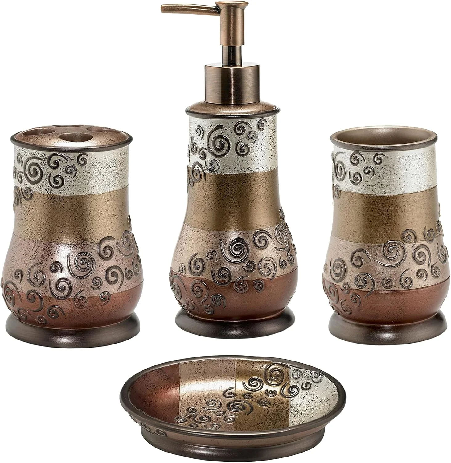 ست لوازم جانبی حمام 4 تکه Zahari Home Miramar شامل پمپ لوسیون، لیوان، جا مسواکی و جا صابونی با طراحی منحصر به فرد و چند رنگ ست لوازم جانبی حمام 4 تکه Zahari Home Miramar شامل پمپ لوسیون، لیوان، جا مسواکی و جا صابونی با طراحی منحصر به فرد و چند رنگ