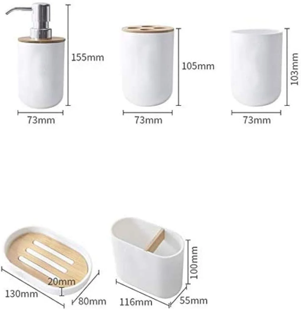 ست لوازم حمام بامبو زایزای 5 تکه شامل جا مسواکی، لیوان، جا مایع صابون و جا صابونی