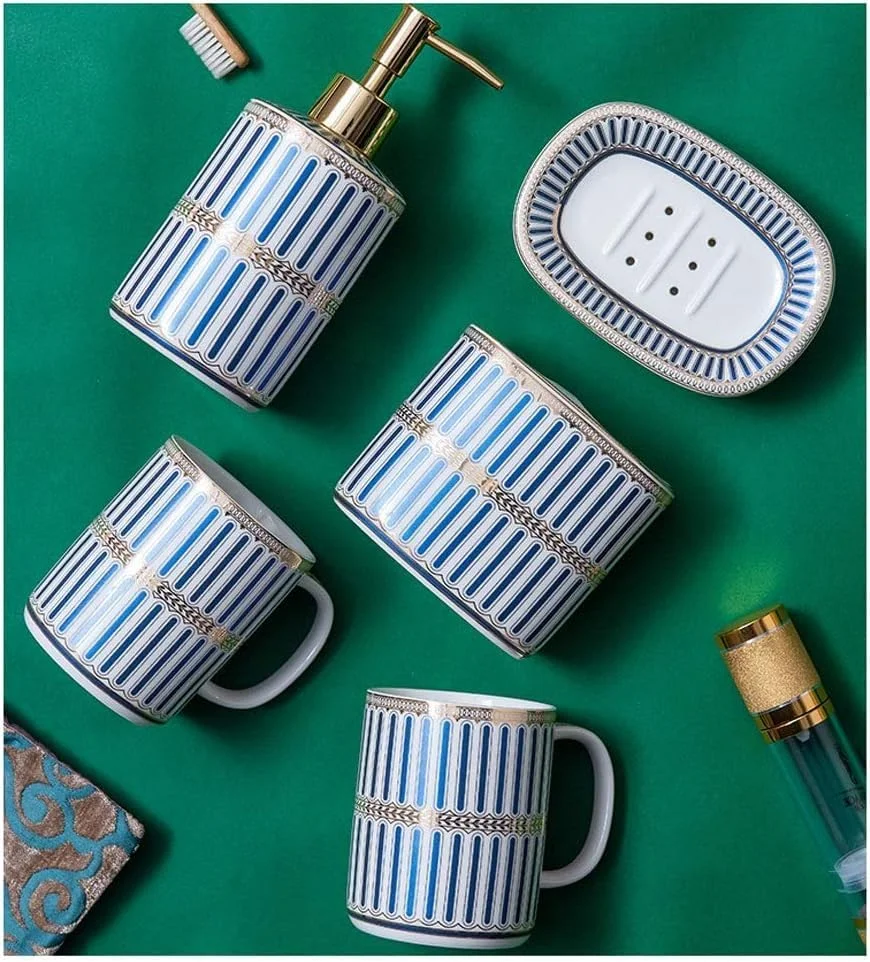 ست لوازم بهداشتی به سبک اروپایی، ست لوازم جانبی حمام، ست لوازم بهداشتی، فنجان مسواک سرامیکی، فنجان دهانشویه، بطری لوسیون، جای صابون