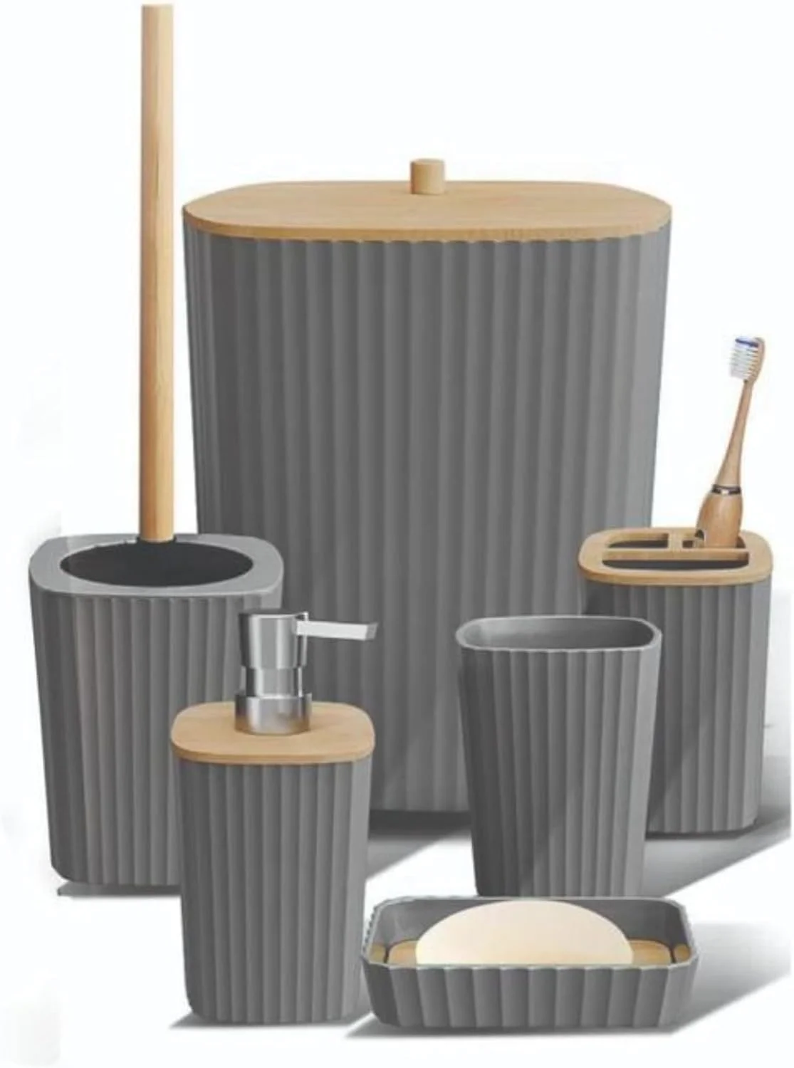 ست لوازم جانبی حمام 6 تکه ممتاز: برس توالت، جا مایع صابون، جا مسواکی، لیوان، جا صابونی، سطل زباله - مجموعه کامل حمام برای دکور مدرن (مربع خاکستری) ست لوازم جانبی حمام 6 تکه ممتاز: برس توالت، جا مایع صابون، جا مسواکی، لیوان، جا صابونی، سطل زباله - مجموعه کامل حمام برای دکور مدرن (مربع خاکستری)