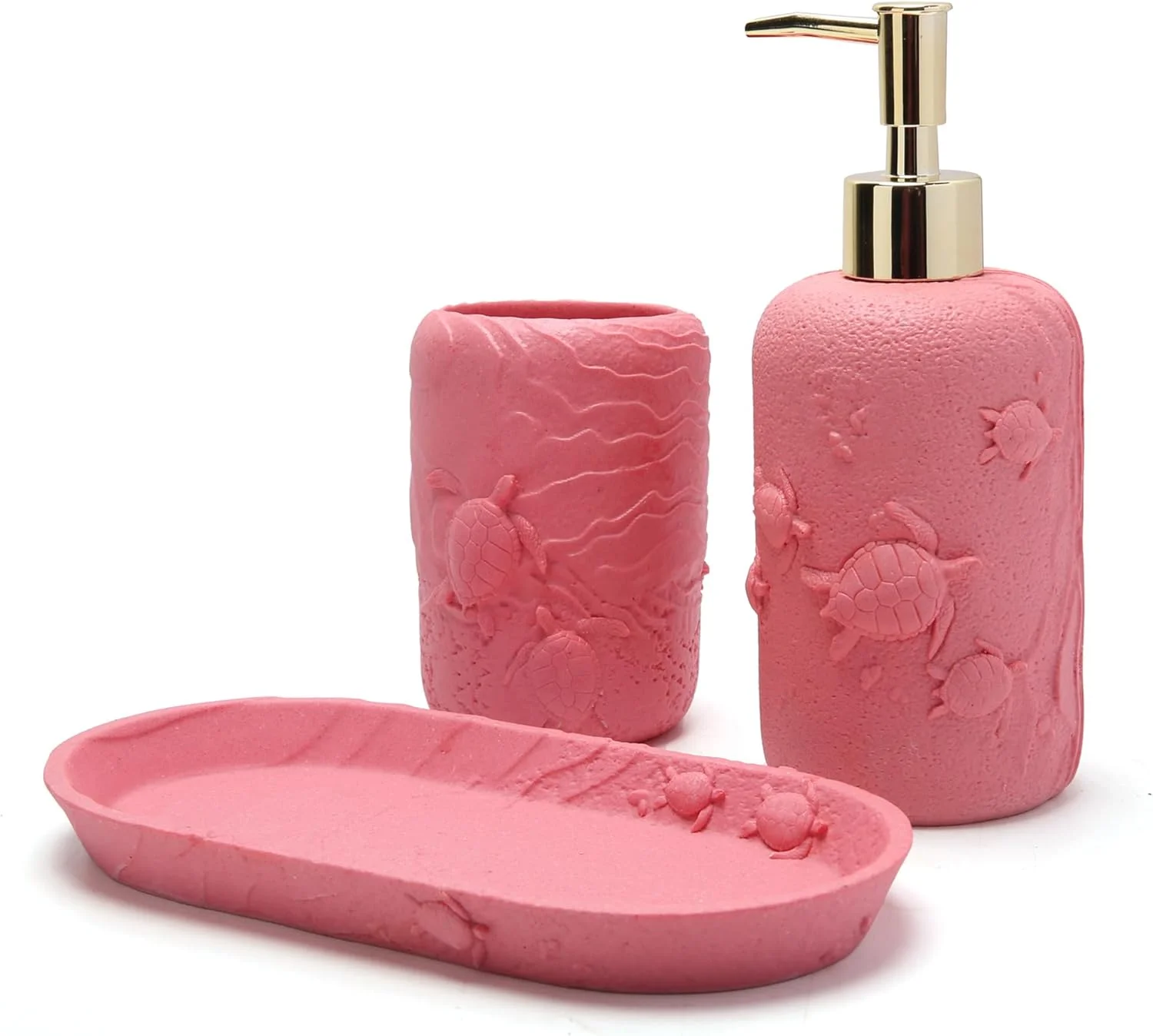 ست لوازم جانبی حمام 3 تکه رزینی با طرح حیوانات اقیانوسی شامل جای لوسیون، پمپ صابون، لیوان آب یا جا مسواکی (طرح لاک پشت دریایی قرمز)