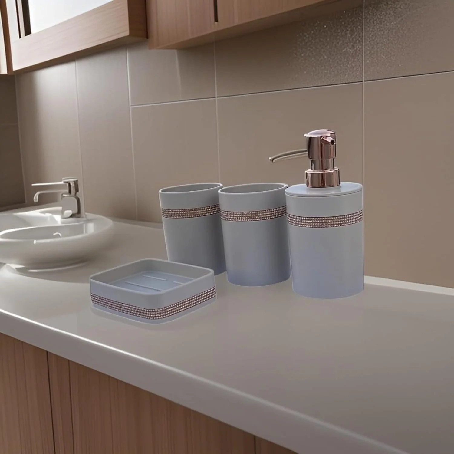 ست لوازم جانبی حمام 4 تکه زنیث پریمیوم: جا مایع صابون، جا مسواکی، لیوان و جا صابونی - مجموعه کامل حمام برای دکور مدرن (سفید سرامیکی)