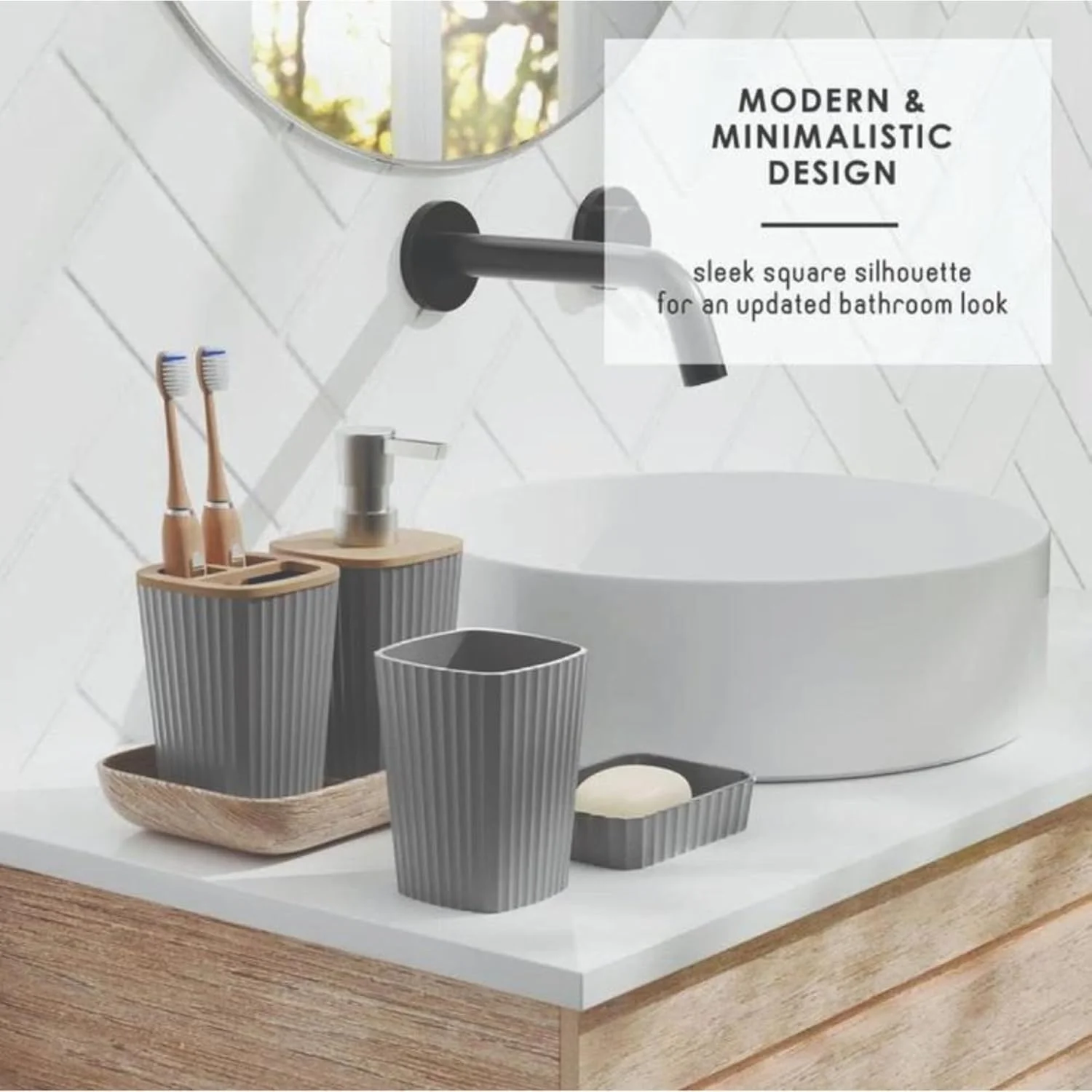 ست لوازم جانبی حمام 6 تکه ممتاز: برس توالت، جا مایع صابون، جا مسواکی، لیوان، جا صابونی، سطل زباله - مجموعه کامل حمام برای دکور مدرن (مربع خاکستری) ست لوازم جانبی حمام 6 تکه ممتاز: برس توالت، جا مایع صابون، جا مسواکی، لیوان، جا صابونی، سطل زباله - مجموعه کامل حمام برای دکور مدرن (مربع خاکستری)