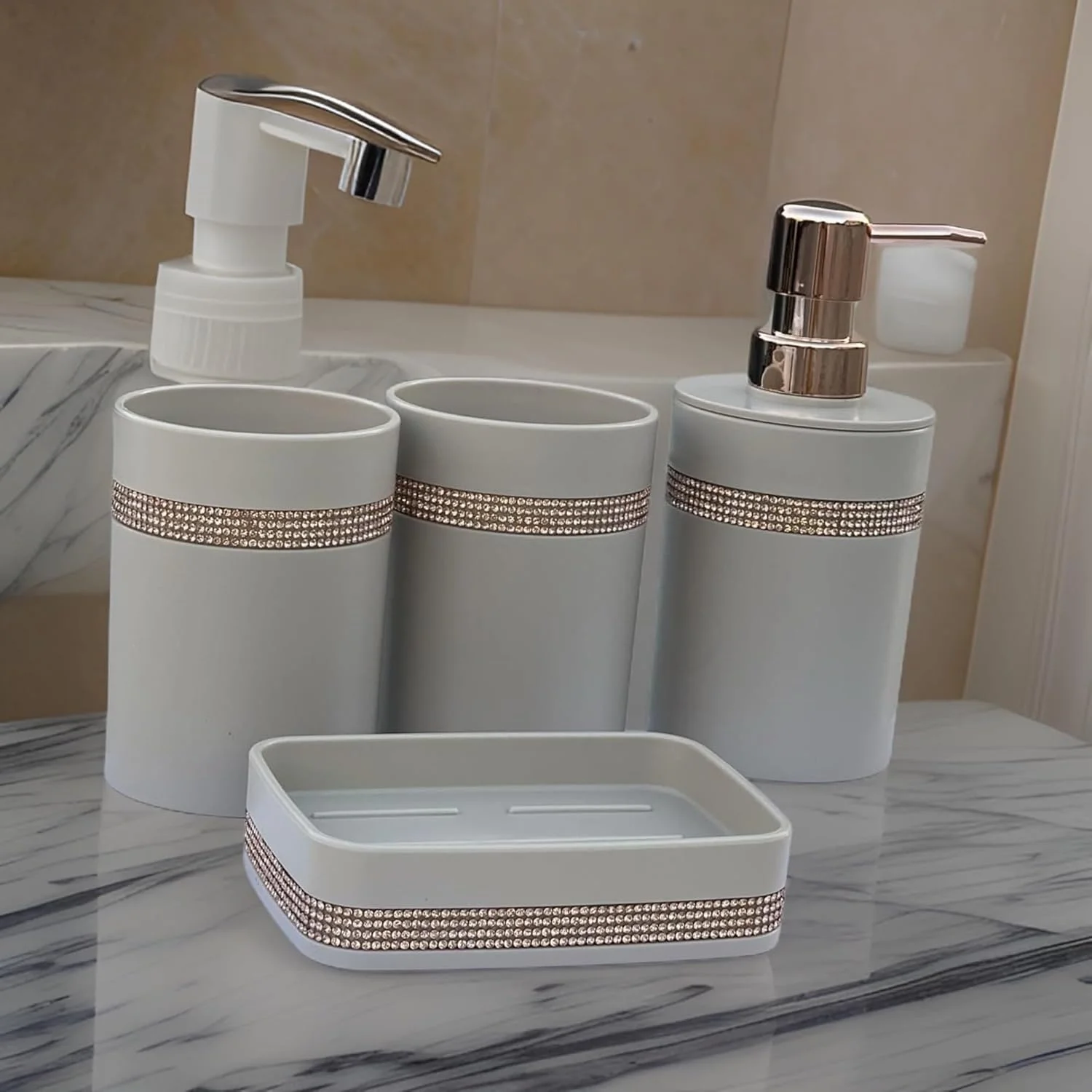 ست لوازم جانبی حمام 4 تکه زنیث پریمیوم: جا مایع صابون، جا مسواکی، لیوان و جا صابونی - مجموعه کامل حمام برای دکور مدرن (سفید سرامیکی)