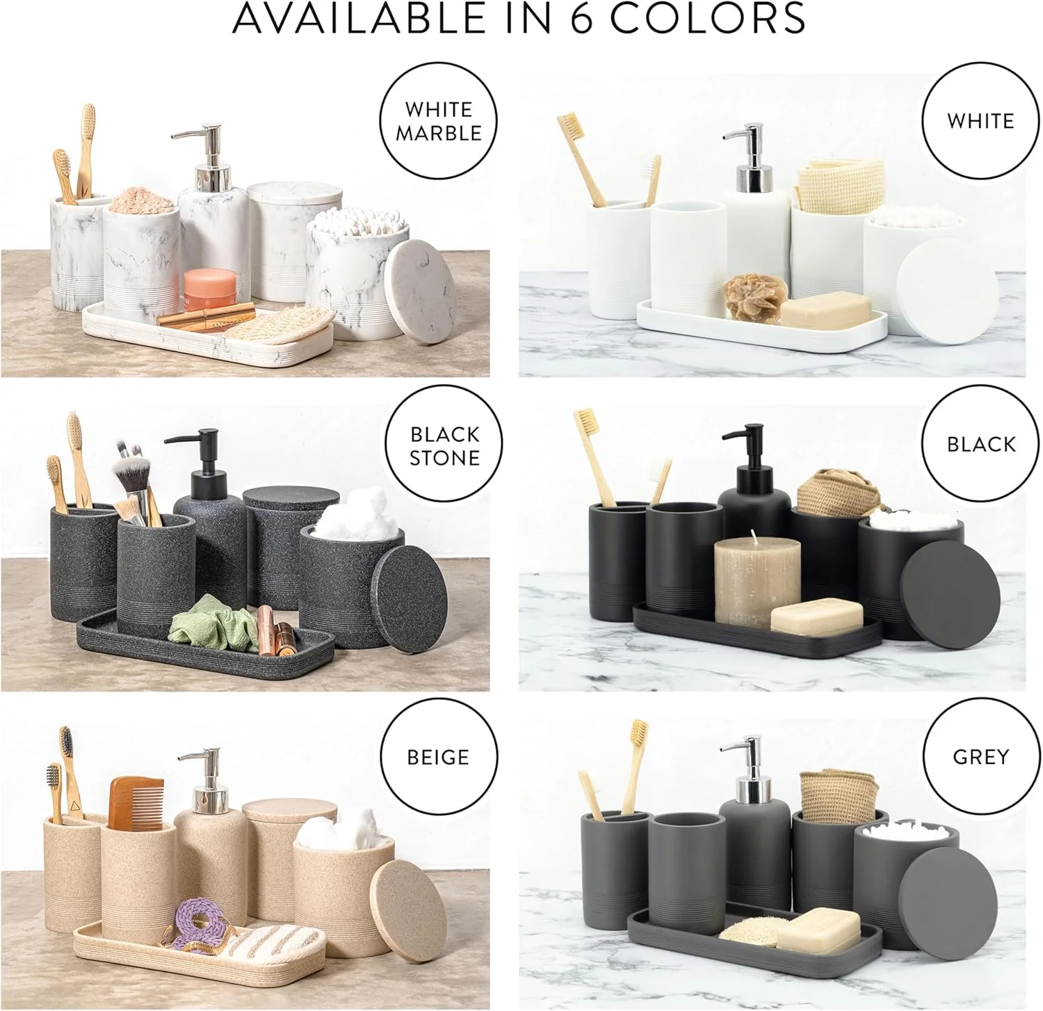 ست لوازم جانبی حمام کرم رنگ ZCCZ - 6 تکه - جا مسواکی، جا مایع لوسیون، 2 عدد جا گوش پاک کن، سینی روشویی، لیوان حمام - سازمان دهنده رومیزی - ست لوازم جانبی حمام