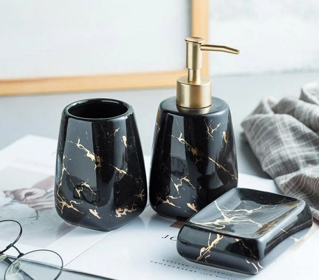 ست لوازم سرامیکی سرویس بهداشتی YYW، ست لوازم جانبی لوکس مدرن 3/4/5 تکه با طرح مرمر، مناسب برای خانه، آپارتمان، خوابگاه (ست 3 تکه مشکی براق)