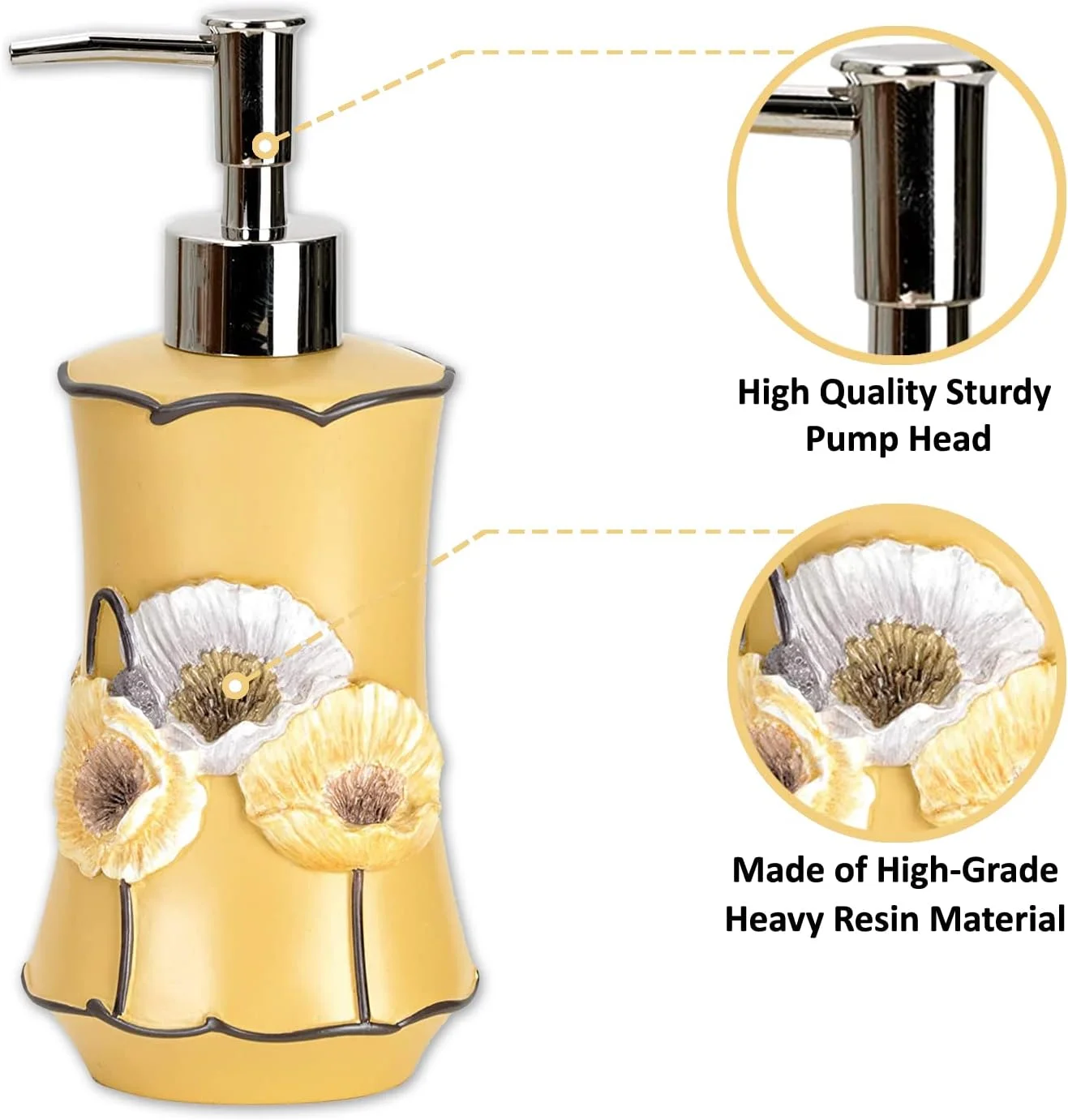 مجموعه لوازم جانبی حمام 4 تکه طرح گل های خشخاش زرد زهاری هوم شامل جای مایع دستشویی، لیوان، جا مسواکی و جا صابونی، دکوراسیون مدرن و معاصر، مجموعه کامل لوازم حمام به همراه پرده حمام